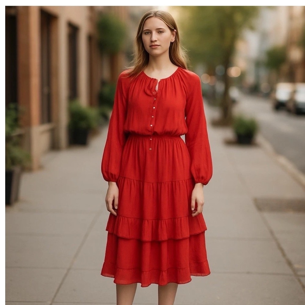 Sunday in Brooklyn Red Tiered Midi Dress Long Sleeve Lace Trim Size S